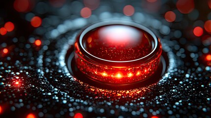 Red glowing button, futuristic interface, dark background, technology concept, website design.