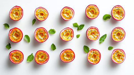 Wall Mural - Set of passionfruits, closeup front view and top down view, bundle as whole fruit and cut in halfs, isolated on a white background.