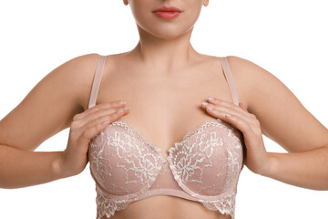 Wall Mural - Woman wearing beautiful bra on white background, closeup