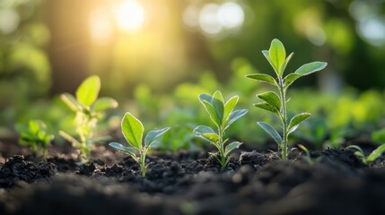 Wall Mural - Sunlit young plants emerging in a backyard garden, soft-focus, pastel colors, new growth and serenity