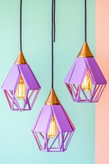 Wall Mural - Elegant lavender modern pendant lamps showcase geometric design against a soft pastel background ideal for contemporary home decor settings