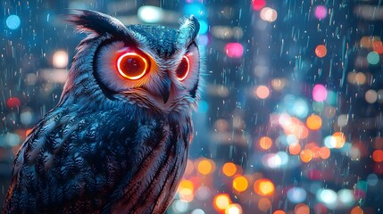 Sticker - Futuristic Robotic Owl Perched on Glowing Skyscraper with Neon Skyline