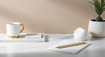 Stylish workspace setup featuring a coffee mug, pen, and minimal decor on a marble table