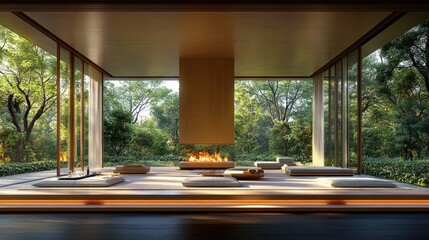 Poster - Modern zen meditation space with fireplace, forest view