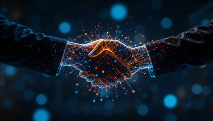 Wall Mural - Digital Handshake Graphic Design with Glowing Particles