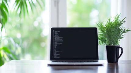 Laptop displaying code beside a potted plant on a wooden table in a bright indoor space