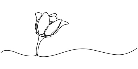 Spring Snowdrop Flower Single Line Drawing with Editable Stroke and Copy Space, Abstract bell shaped flowers in continuous line art drawing style. Minimalist black linear sketch isolated on white back