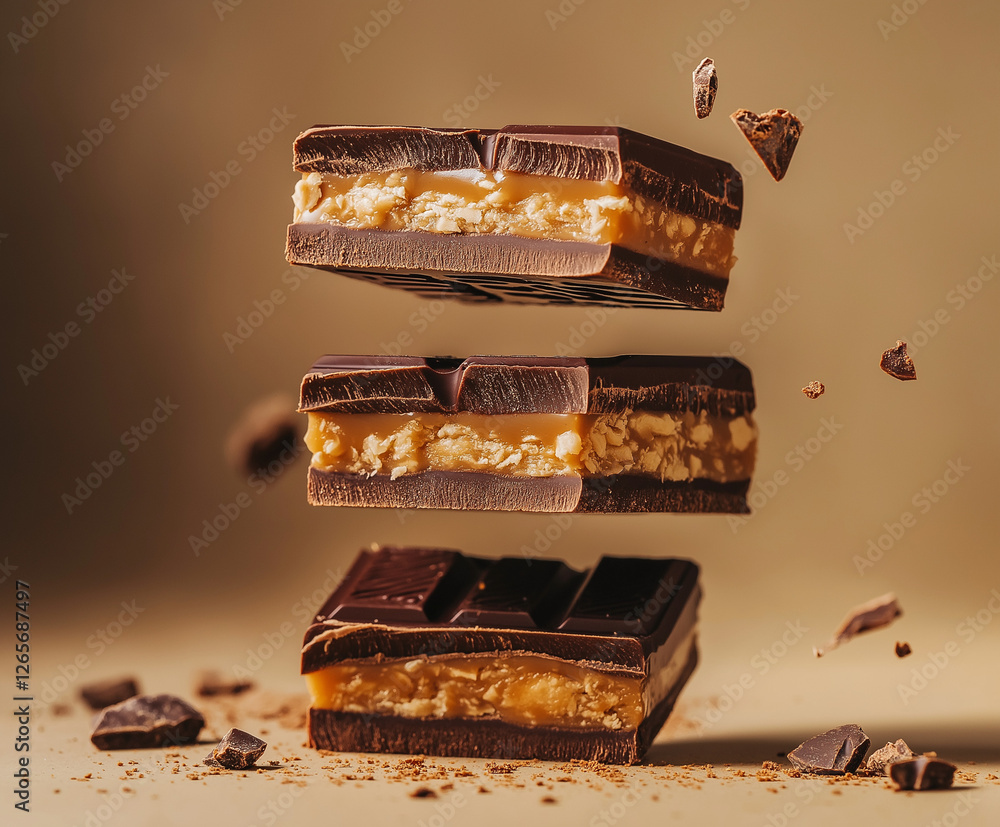 La imagen muestra una barra de chocolate flotando, parcialmente mordida