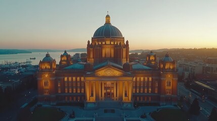 Wall Mural - Aerial view of illuminated historical building at dawn overlooking a harbor city