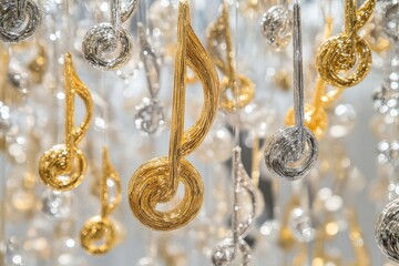 Fototapete - Decorative musical notes hang elegantly in a creative display capturing light and imagination at an art installation