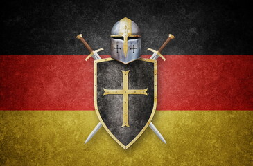 Wall Mural - knight's weapon decorated with gold on german flag background