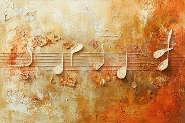 Fototapete - Abstract musical painting with textured notes in warm shades of orange and beige