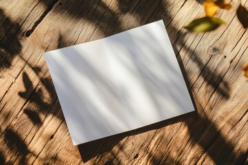 Aufkleber - Bright white paper rests on a rustic wooden surface under the soft shadows of green leaves in a peaceful natural setting