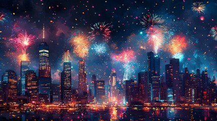 Aufkleber - Breathtaking fireworks explode in a kaleidoscope of colors illuminating the grand towering skyline of a bustling metropolis at night