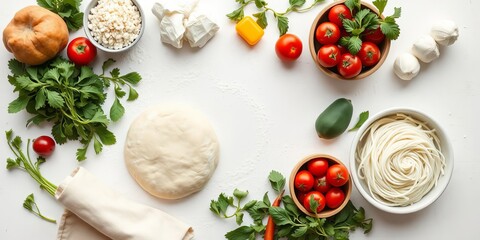 Flat lay composition of raw dough and fresh ingredients for pizza on white background, cooking, dough, ingredients