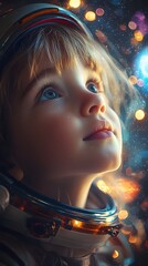 Wall Mural - young astronaut exploring glowing earth and starry cosmos in space suit