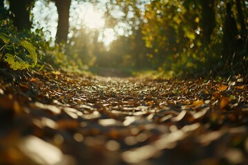 Wall Mural - Autumn leaves cover path in park, trees around, sunlight through leaves. Use scenic