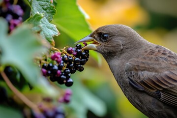 Wall Mural - A bird enjoys the sweet taste of fresh berries growing on a tree