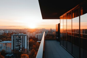 Wall Mural - City sunset view from a high building's balcony for real estate advertising