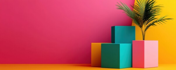 Wall Mural - A vibrant arrangement of colorful blocks and a potted plant against a bright pink and yellow backdrop, creating a lively and modern aesthetic.