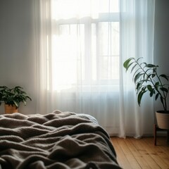 Wall Mural - Cozy sunlit bedroom with green plants and soft blankets