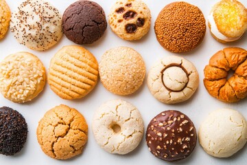 Wall Mural - Assorted cookies arranged on a white surface, viewed from above