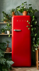 Wall Mural - Red retro refrigerator surrounded by houseplants in a kitchen.  Ideal for home appliance, interior design, or lifestyle blogs