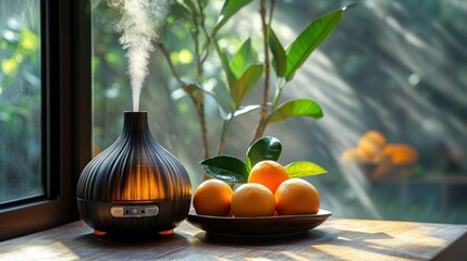 Poster - Aromatherapy diffuser, orange fruits, sunny windowsill, garden view