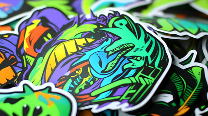 Wall Mural - Colorful abstract stickers pile; close-up shot, vibrant designs, graphic art; ideal for websites, social media, and print