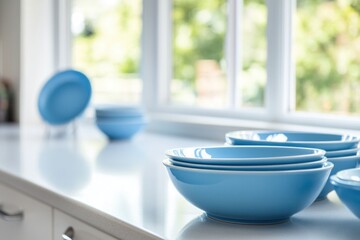 Wall Mural - A kitchen counter filled with blue bowls and plates, perfect for a themed party or event