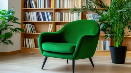 Wall Mural - Cozy reading nook featuring a green velvet armchair and a wooden bookshelf with botanical-themed books under warm lighting