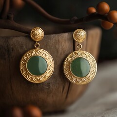 Wall Mural - Elegant gold earrings with green jade on wooden background for jewelry fashion display