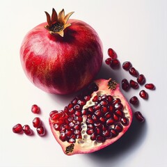 Wall Mural - A whole pomegranate and half of it with its seeds scattered, against a white background.