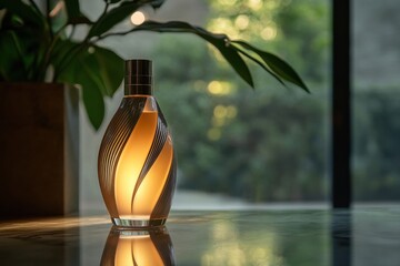 Leinwandbilder - Unique decorative bottle illuminated by soft light, showcasing an elegant design against a natural backdrop in a serene setting