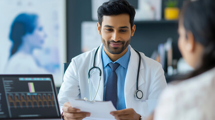 An Indian obstetrician in a medical office discusses pregnancy health with an expectant mother, reviewing ultrasound results and offering guidance on prenatal care. pregnancy consu