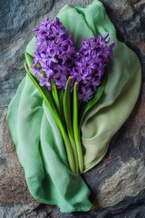 Wall Mural - A decorative arrangement of purple flowers on a green cloth, perfect for any occasion