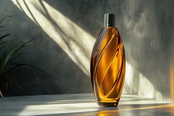 Poster - Elegant golden bottle capturing sunlight in a tranquil setting on a modern surface