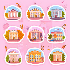 Wall Mural - Nine autumnal neoclassical buildings sticker collection; city street background; ideal for fall season website, blog, or social media post