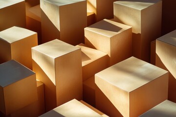 Fototapete - Warm-toned geometric blocks create an abstract arrangement with soft shadows and highlights at midday