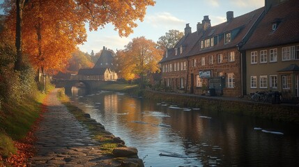 Canvas Print - Autumn canal scene with historic buildings and pathway