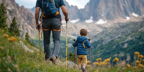 a father-son duo hiking up a hill, enjoying the scenery