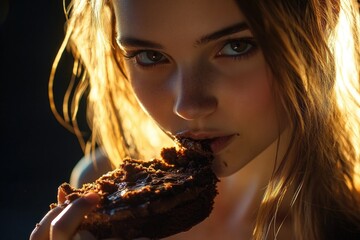 Wall Mural - A woman taking a bite of a delicious chocolate cake