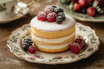 Poster - Delicious layered cake with fresh berries served on an elegant floral plate in a cozy setting