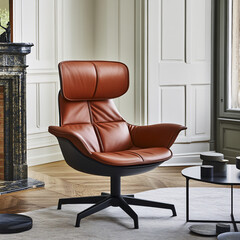 Wall Mural - An interior shot showcasing a high-backed, reddish-brown leather chair with a black base, in a classically decorated room.