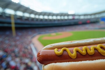 Poster - A close-up shot of a hot dog topped with yellow mustard, great for food and restaurant concepts