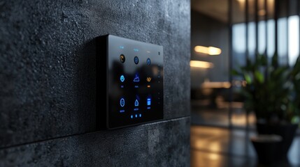 A smart device with a blue screen is mounted on a wall