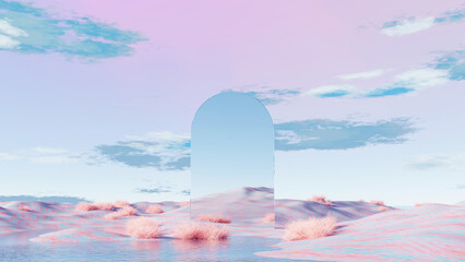 Wall Mural - 3D render, Serene surreal desert landscape with reflective arch and pastel colored sky