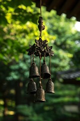 Poster - Ornamental bells hanging at rural temple with lush greenery backdrop for peaceful setting