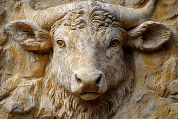 Wall Mural - Detailed 3D Bas Relief of a Ram's Head, Showcasing Intricate Animal Sculpture, Generative AI Design