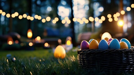 Wall Mural - A basket full of eggs is sitting on a grassy field